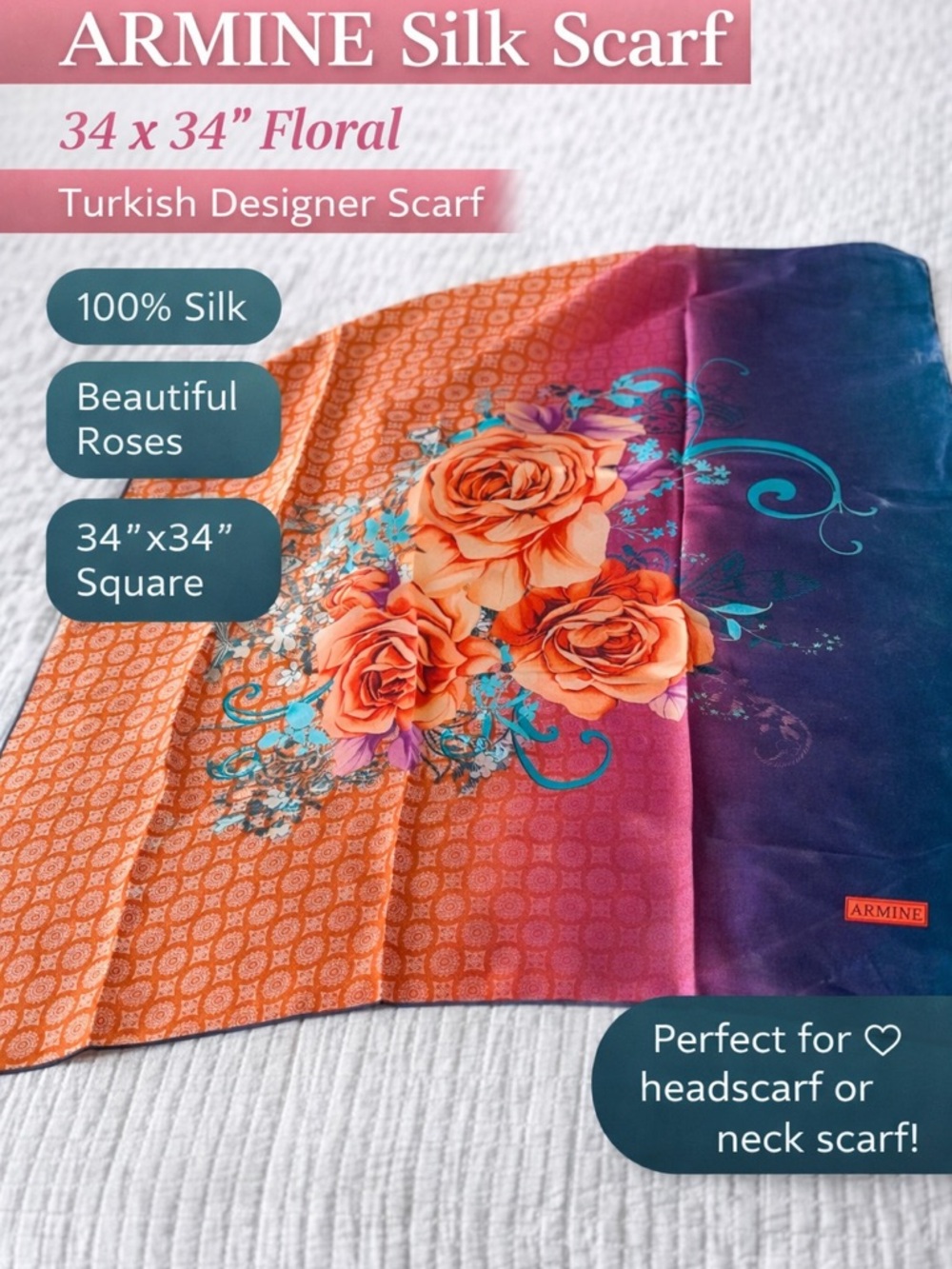 ARMINE Orange & Blue Floral Silk Scarf